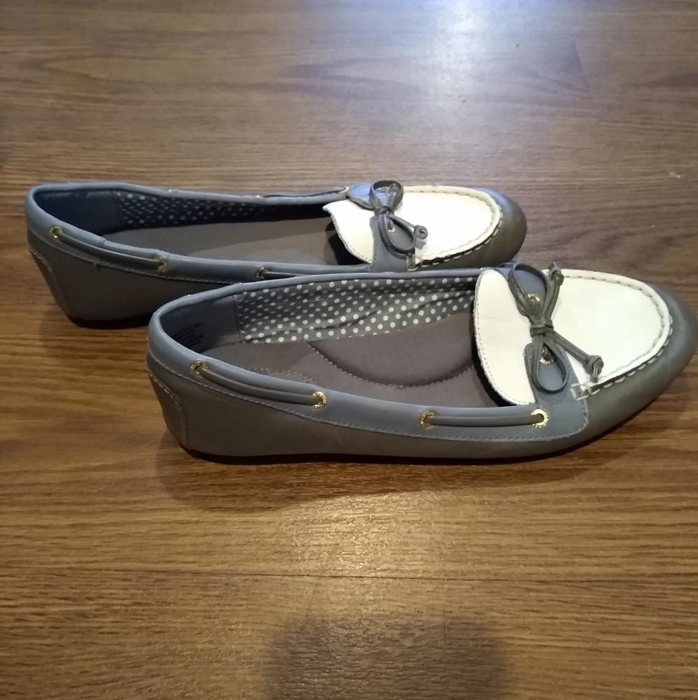 Gray & White Sperry's Moccasins with Gold Accents